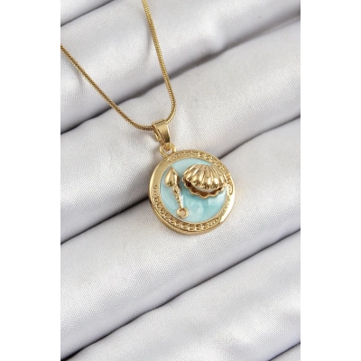 316L Çelik Zincir Turkuaz Mineli Sanatsal Portre İstiridye Model Gold Renk Kadın Kolye
