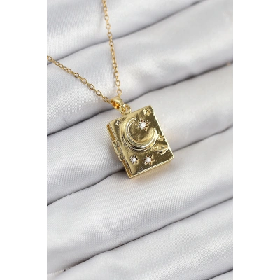 316L Çelik Zirkon Taşlı Açılabilr Kapaklı Kitap Model Gold Renk Kadın Kolye