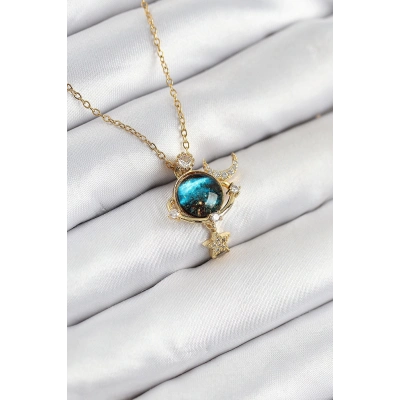 316L Çelik Zirkon Taşlı Gezegen Model Gold Renk Kadın Kolye