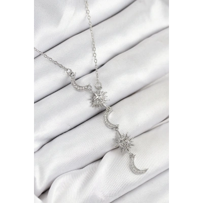 316L Çelik Zirkon Taşlı Güneş Ve Ay Model Gümüş Renk Kadın Kolye