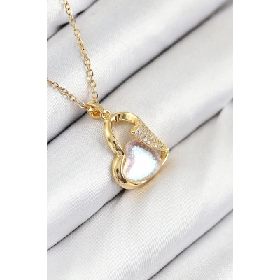 316L Çelik Zirkon Taşlı Kalp Model Gold Renk Kadın Kolye