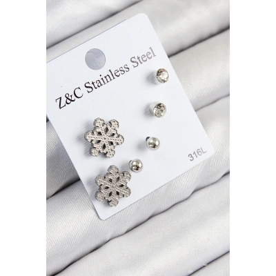 316L Çelik Zirkon Taşlı Kar Tanesi Model Gümüş Renk Kadın Set Küpe