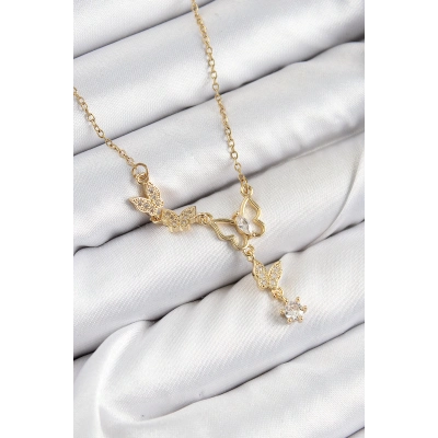 316L Çelik Zirkon Taşlı Kelebek Model Gold Renk Kadın Kolye