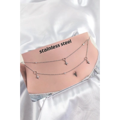 316L Çelik Zirkon Taşlı Kutup Yıldızı Model Gümüş Renk Göbek Bel Zinciri