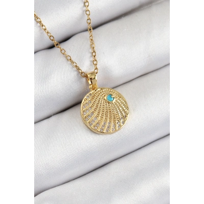 316L Çelik Zirkon Taşlı Madalyon Model Gold Renk Kadın Kolye