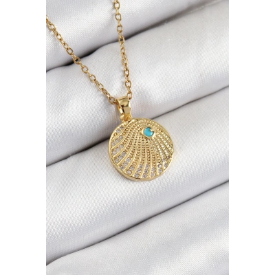 316L Çelik Zirkon Taşlı Madalyon Model Gold Renk Kadın Kolye