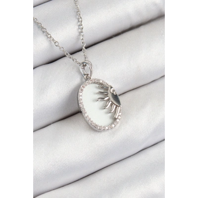 316L Çelik Zirkon Taşlı Yarım Güneş Model Gümüş Renk Kadın Kolye