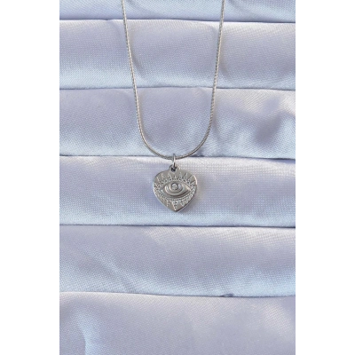 316L Gümüş Renk Zirkon Taşlı İşlemeli Göz Detay Kalp Kolye