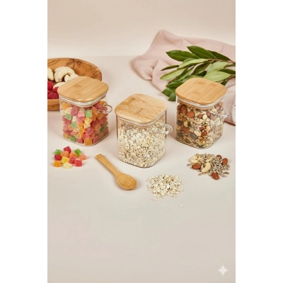 3’lü Kaşıklı Cam Kavanoz Seti Baharatlık Saklama Kavanozu 450 ml