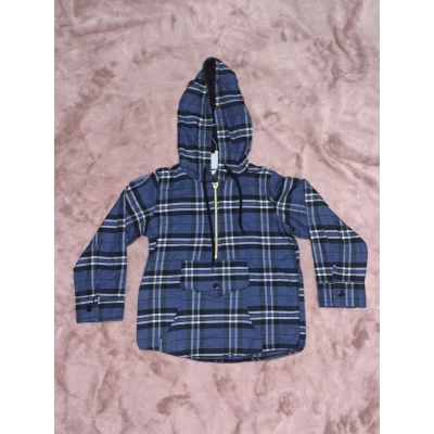 5-10 yaş ekoseli yarım fermuarlı kanguru cep kapşonlu ceket mavi