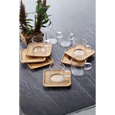 6 Lı Cam Çay Fincanı Seti Bambu Tabanlı 200 ml