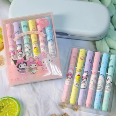 6lı Fosforlu Kalem Seti - Sanrio Karakterleri, Kuromi, Hello Kitty