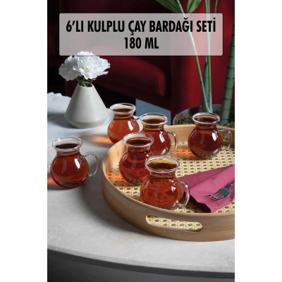 6lı Keyfi Ala Borosilikat Cam Kulplu Çay Bardağı