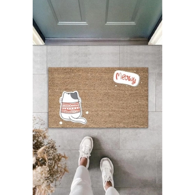 Bfs Dijital Baskı Kahverengi Meowy Yazılı Arkasını Dönmüş Kazaklı Kedi Kapı Paspası K-2060