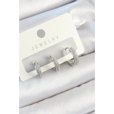 Bfs Pirinç Zirkon Taşlı Halka Model Gümüş Renk 3Lü Çift Kadın Küpe Set