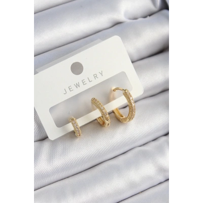 Bfs Pirinç Zirkon Taşlı Halka Model Gold Renk 3Lü Çift Kadın Küpe Set