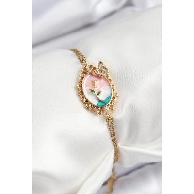 Bfs 316L Çelik Zincir Mineli Sanatsal Portre Zirkon Taşlı Detaylı Çiçek Model Gold Renk Kadın Bilek