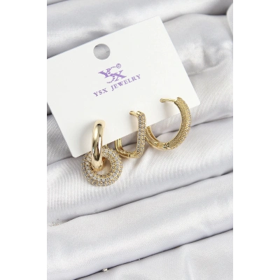 Bfs Pirinç Zirkon Taşlı Halka Model Gold Renk 3Lü Kadın Küpe