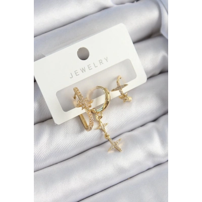 Bfs Pirinç Zirkon Taşlı Yıldız Model Gold Renk 3Lü Çift Kadın Küpe Set