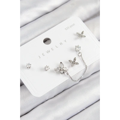 Bfs Pirinç Zirkon Taşlı Kelebek Model Gümüş Renk 925 Ayar Gümüş Çivi Kadın Küpe Set