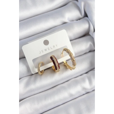 Bfs Pirinç Zirkon Taşlı Bordo Halka Model Gold Renk 3Lü Çift Kadın Küpe Set