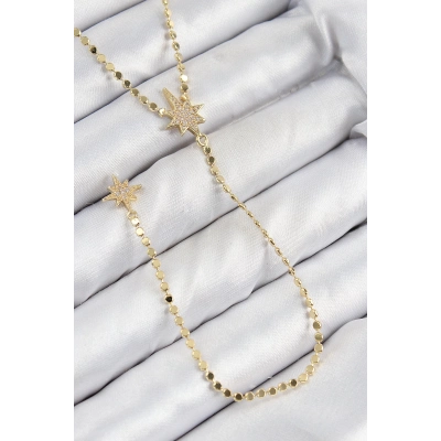 BFS Pirinç Zirkon Taşlı Ezme Zincirli Kutup Yıldızı Model Gold Renk Y Kolye