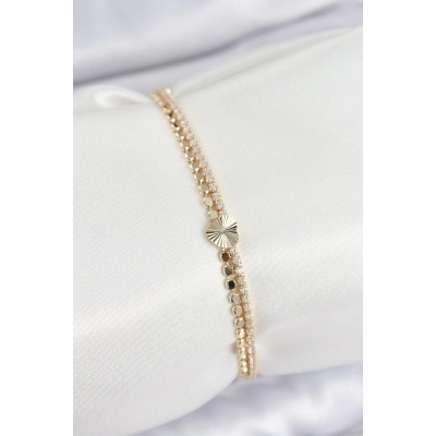 BFS Pirinç Zirkon Taşlı Ezme Zincirli Kalp Model Gold Renk Kadın Bilekilk