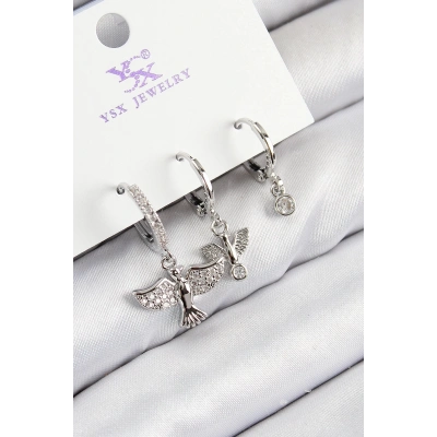 Bfs Pirinç Zirkon Taşlı 3Lü Kuş Model Gümüş Renk Kadın Küpe