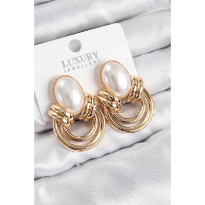 Bfs Pirinç İnci Detaylı Vintage Model Gold Renk Kadın Küpe