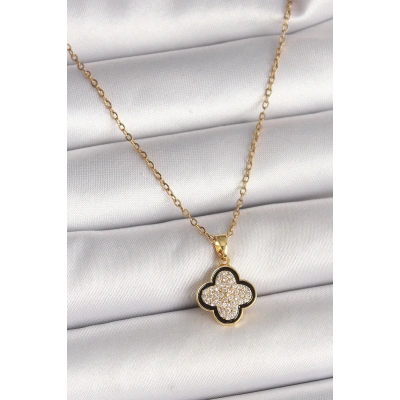 BFS 316L Çelik Gold Renk Zincir Zirkon Taşlı Yonca Model Kadın Kolye