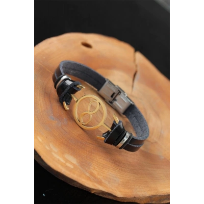 BFS Gold Renk Sonsuzluklu Metal Aksesuarlı Siyah Renk Deri Erkek Bileklik