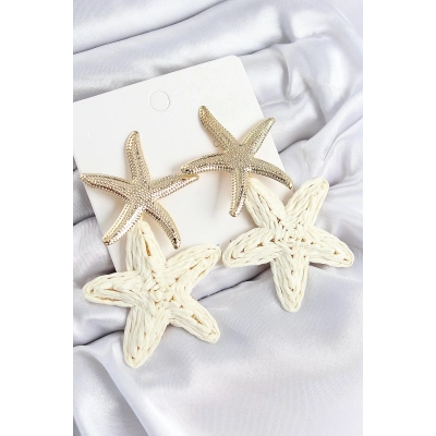 Bfs Pirinç Sallantılı Krem Deniz Yıldızı Model Gold Renk Hasır Küpe