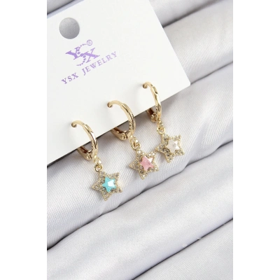 Bfs Pirinç Zirkon Taşlı 3Lü Renkli Yıldız Model Gold Renk Kadın Küpe