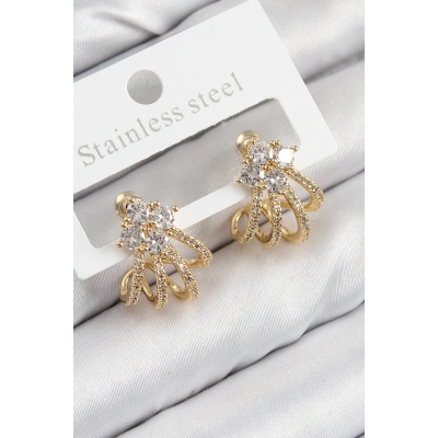 Bfs Pirinç Zirkon Taşlı Model Gold Renk Kadın Küpe