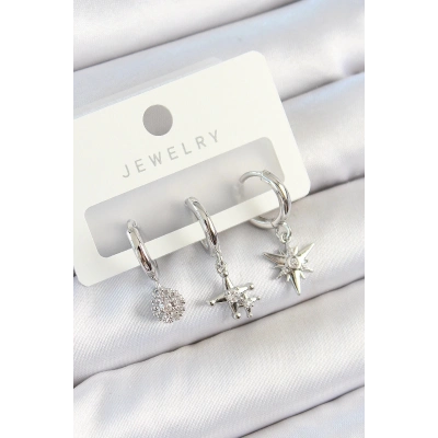 Bfs Pirinç Zirkon Taşlı Kutup Yıldızı Model Gümüş Renk 3Lü Çift Kadın Küpe Set