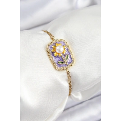 316L Çelik Zincir Mor Mineli Sanatsal Portre İnci Detaylı Papatya Model Gold Renk Kadın Bileklik