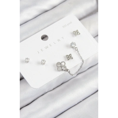 Bfs Pirinç Zirkon Taşlı Yonca Model Gümüş Renk 925 Ayar Gümüş Çivi Kadın Küpe Set