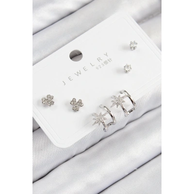 Bfs Pirinç Zirkon Taşlı Kutup Yıldızı Model Gümüş Renk 925 Ayar Gümüş Çivi Kadın Küpe Set