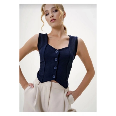 Krep Kumaş Düğmeli Yelek Lacivert S3395