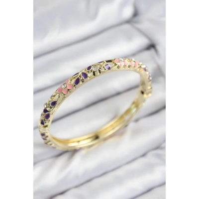Bfs Mineli Pirinç Zirkon Taşlı Pembe Mor Çiçek Motifli Gold Kadın Kelepçe
