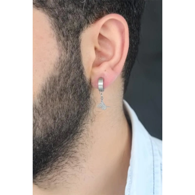 Bfs Silver Renk Kaplama Osmanlı Tuğra Figürlü Kıstırmalı Çelik Erkek Küpe