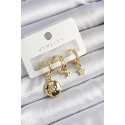 Bfs Pirinç Zirkon Taşlı Yıldız Ve Ay Model Gold Renk 3Lü Çift Kadın Küpe Set