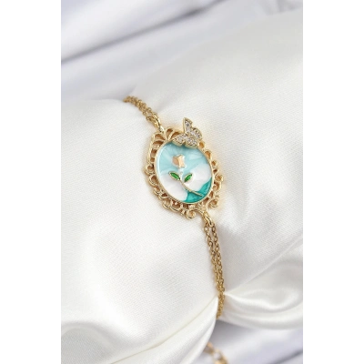 Bfs 316L Çelik Zincir Mineli Sanatsal Portre Zirkon Taşlı Kelebek Detaylı Çiçek Model Gold Renk Kad