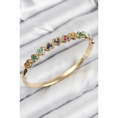 BFS Pirinç Renkli Zirkon Taşlı Sıralı Kalp Model Gold Renk Kadın Kelepçe