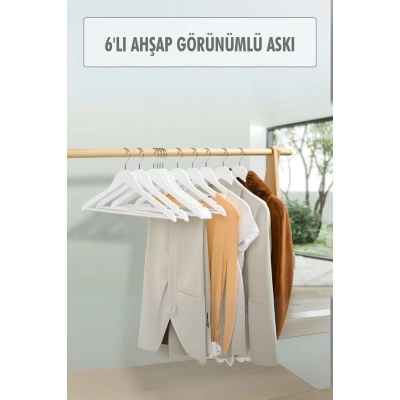 6’lı Ahşap Görünümlü Askı Beyaz 44 cm