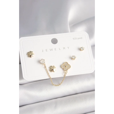 925 Ayar Gümüş Çivi Pirinç Gold Renk Zirkon Taşlı Yonca Model Sallantı Zincir Detay Kadın Küpe Seti