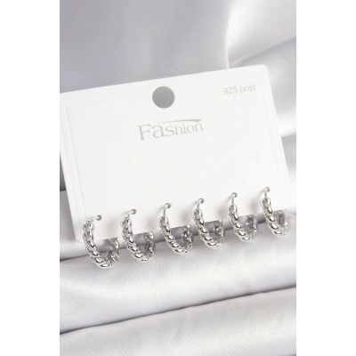 925 Ayar Gümüş Çivi Pirinç Gümüş Renk Sarmal Halka Model Kadın Küpe Seti