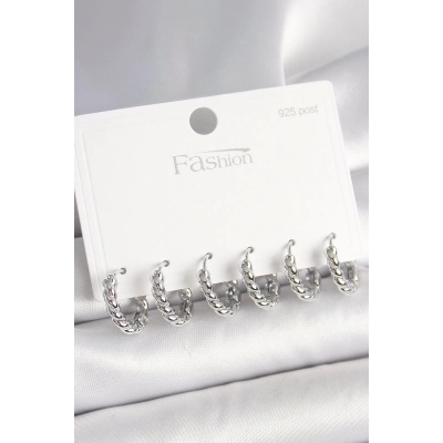 925 Ayar Gümüş Çivi Pirinç Gümüş Renk Sarmal Halka Model Kadın Küpe Seti