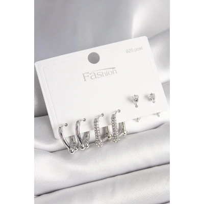 925 Ayar Gümüş Çivi Pirinç Gümüş Renk Zirkon Taşlı Tiffany Halka Model Kadın Küpe Seti