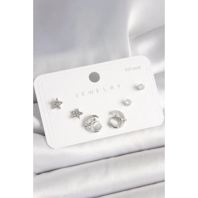 925 Ayar Gümüş Çivi Zirkon Taşlı Hilal Yıldız Model Kadın Küpe Seti